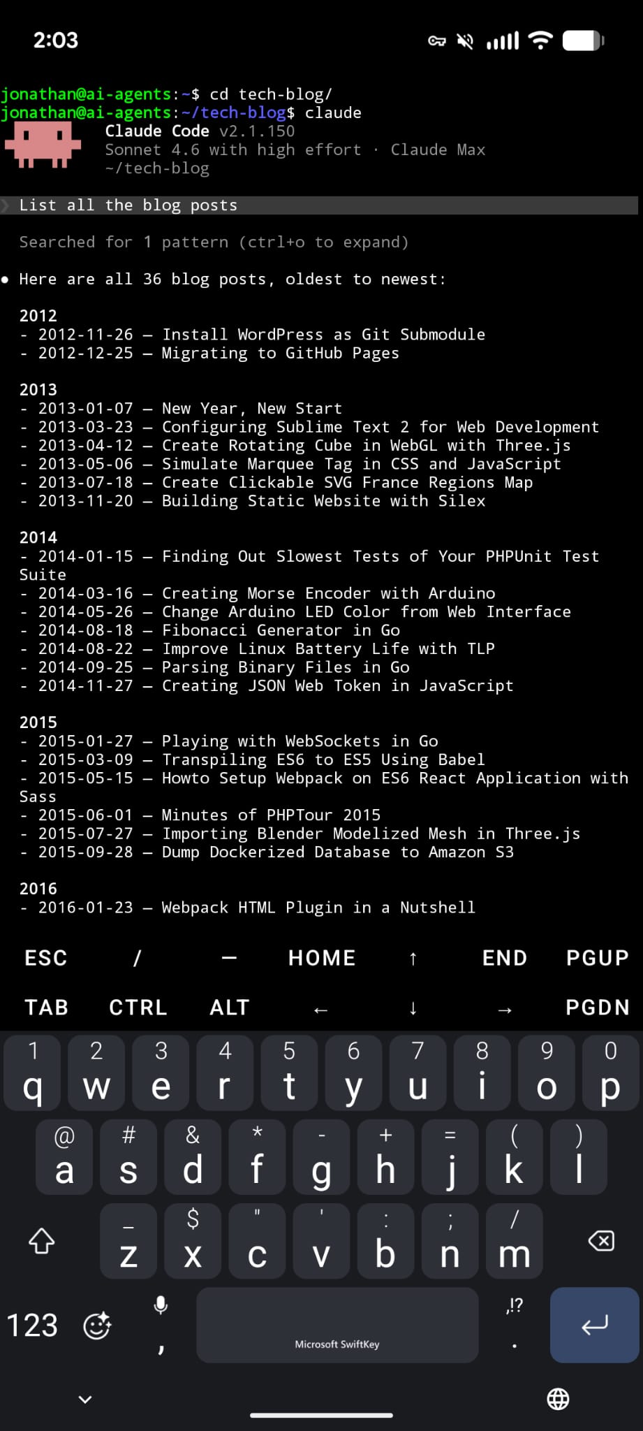 Claude Code running in a phone terminal, listing the blog posts on this site